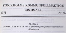 Motion med förslag om kvartersnamnet Almdungen [under Almstriden] – Kommunfullmäktige 1971