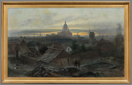 Motivet visar fallfärdiga ruckel till hus i Vita Bergen. I fonden Katarina kyrka.