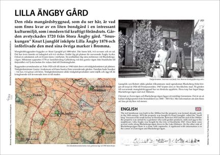 Skylt med information om Lilla Ängby gård, text och fotografier.