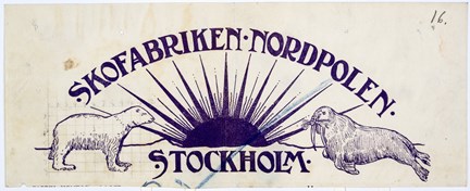 Reklamtryck med sol vid horisont, isbjörn och valross tryckt i lila samt text. Små blyertsanteckningar i vänster sida.