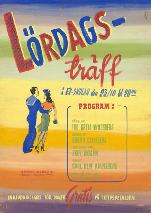 Färgglad affisch för Lördagsträff på Örlogsstationen på Skeppsholmen