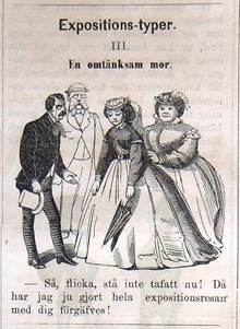 Expositions-typer III. En omtänksam mor. Bildskämt om Stockholmsutställningen 1866 i Söndags-Nisse – Illustreradt Veckoblad för Skämt, Humor och Satir, nr 31, den 29 juli 1866