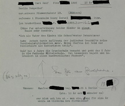 Notis med ansökan om plats för barn på barnhemmet Stigbo, sannolikt från vintern 1938-1939