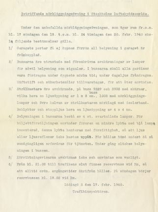 Bestämmelser för Lidingös omnibusstrafik under en mörkläggningsövning 1940