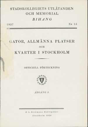 Framsida till Bihang 15, Stadskollegiets utlåtanden och memorial år 1937