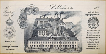 tryckt fakturahuvud i svart med illustrationer, medaljer och text