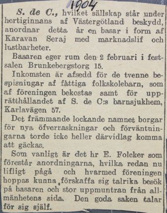 Sällskapet Soeurs de Charité - tidningsnotis om välgörenhetsbasar 1904