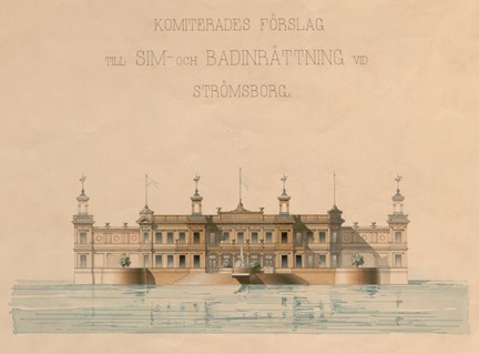 Färglagd fasadritninig på gulnat papper, byggnaden är i trä och ligger i blåskimrande vatten. Den har flera torn och tinnar med vimplar.