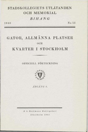 Framsida till Bihang 15, Stadskollegiets utlåtanden och memorial år 1940