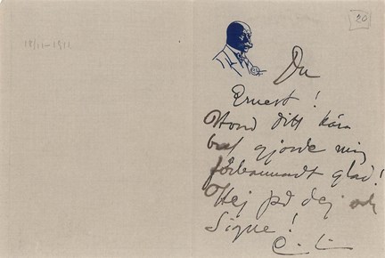 Brev till Ernest Thiel från Carl Larsson med bild på Carl Larsson