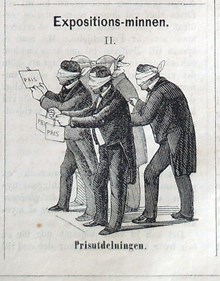 Expositions-minnen II. Prisutdelningen. Bildskämt om Stockholmsutställningens 1866 i Söndags-Nisse – Illustreradt Veckoblad för Skämt, Humor och Satir, nr 42, den 14 oktober 1866