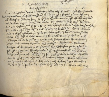 Foto som visar ett dokument om när Johannitermunkarna får hus och örtagård, år 1490