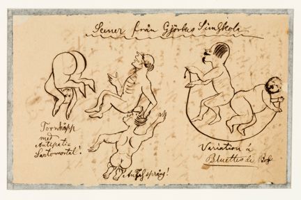 En skissartad teckning på nakna män som gör olika sorters simhopp. rubriken är Scener från Gjörckes simskola.