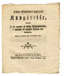 Öfwer-Ståthållare-Embetets Kungörelse, rörande i akt tagande af nödige försigtighetsmått, i anseende til gångbar sjukdom hos hundarne. Gifwen Stockholm den 5 november 1799.