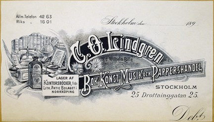 Svartvitt fakturahuvud med bild på böcker, flaskor och prylar samt text.