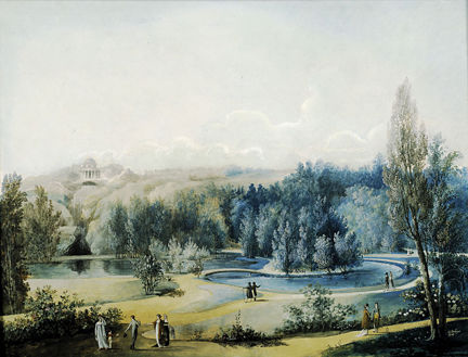 Utsiktsbild från Hagaparken med promenerande människor 
