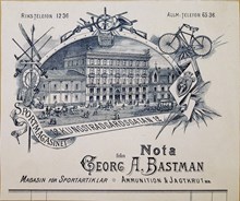Fakturahuvud. Georg A. Bastman Magasin för Sportartiklar, Ammunition & Jagtkrut