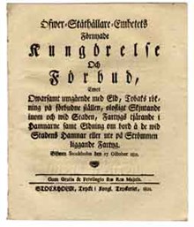 Öfwer-Ståthållare-Embetets Förnyade Kungörelse Och Förbud, Emot Owarsamt umgående med Eld, Tobaks rökning på förbudne ställen, olofligt Skjutande inom och wid Staden, Fartygs tjärande i Hamnarne samt Eldning om bord....