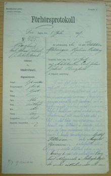 Arbetskarlen Carl Johan Gabriel Berglund, 26, häktad för lösdriveri 1 juli 1887 - polisförhör