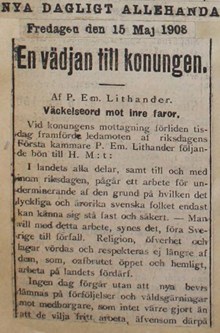 En vädjan till konungen. Väckelsord mot inre faror - pressklipp 1908