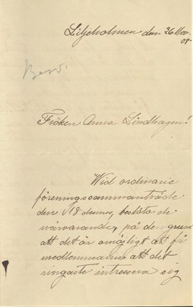 Brev från Eine Pettersson till Anna Lindhagen 1908