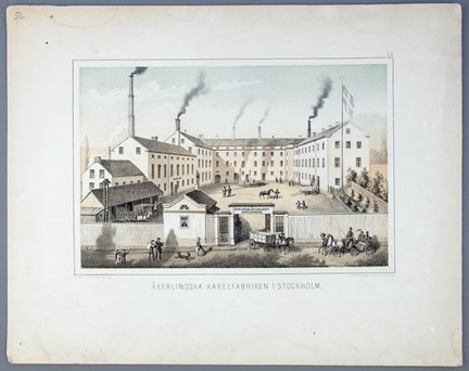 Grafiskt blad tryckt i två tonfärger utöver svart föreställande Åkerlindska kakelfabriken i Stockholm