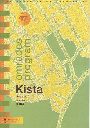 Framsida områdesprogrammet med grön och svart text mot förenklad design av gatunät i grönt och gult