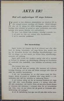 AKTA ER! Råd och upplysningar till unga kvinnor - sexualupplysningspamflett 1924