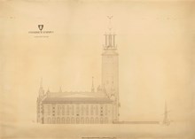 Ritning "Stockholms stadshus. Fasad mot väster." (uppmätningsritning 1923)