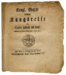 Kongl. Maj:ts Nådiga Kungörelse Om Caffés införsel och bruk. Gifwen Stockholms Slott den 6 April 1802.