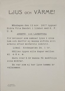 Inbjudan till arbets- och läsestuga för kvinnor som ”sakna lyse i sina hem” - Vita bandets södra förening1917