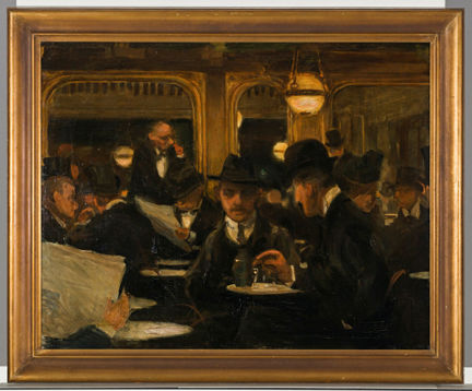 Det sitter ett stort antal välklädda män inne på Berns och däribland Hasse Z och Clownen Tanti, från taket hänger belysning och i bakgrunden finns det speglar som reflekterar interiören. 