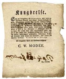 Kungörelse: Som uti trägården och promenaderne wid Bellevue egendom...Stockholm den 22 julii 1793/ på dragande kall och embetets wägnar C. W. Modée