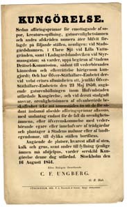 Kungörelse. Sedan afföringspråmar för emottagandet af sopor, kreaturs-spillning, gatuorenlighetsämnen och andra afskräden numera åter blifvit förlagde...Stockholm den 16 augusti 1851