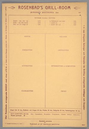 Matsedel från Restaurang Rosenbad, 1914