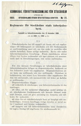 Reglemente för stadens tuberkulosbyrå, år 1933