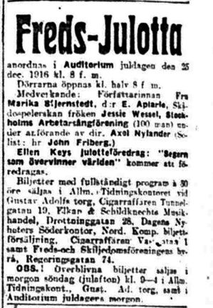 Annons för fredsjulottan i Auditorium.