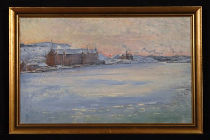 Ett vinterlandskap med Münchenbryggeriet och Söder Mälarlandskap