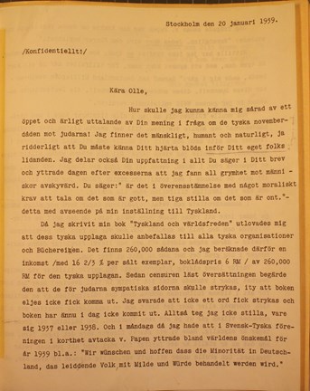 Sven Hedins brevsvar till Olof Lamm den 20 januari 1939