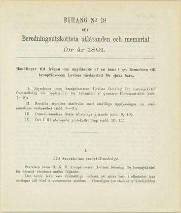 Framsida ur det tryckta bihangen med rubrik och lista över de 4 handlingarna som ingår och de första raderna i föreningens skrivelse.