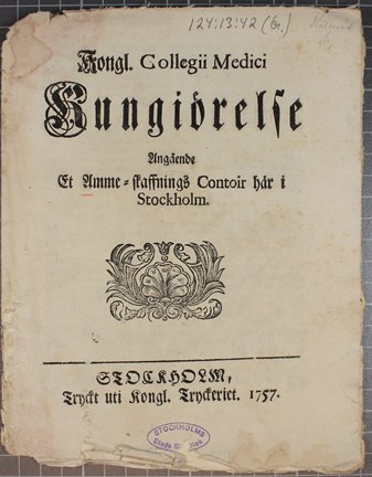 Kungörelse om ett ammeskaffningskontor här i staden 1757