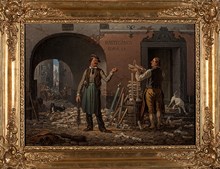 "Jalousie de métier "  Gatuscen från Stockholm, Österlånggatan invid Stora Hoparegränd. 