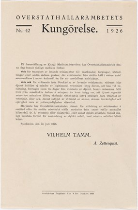 Kungörelse från Överståthållarämbetet med anledning av svinpesten 1926