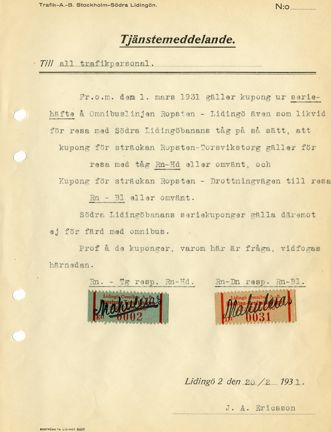 Tjänstemeddelande, kortfattat, om att biljett från Lidingöomnibus också gäller på Södra Lidingöbanan