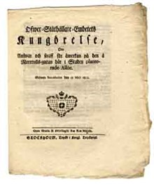 Öfwer-Ståthållare-Embetets Kungörelse, Om Answar och straff för åwerkan på den å Norrtulls-gatan här i Staden planterade Allé. Gifwen Stockholm den 12 Maji 1802.