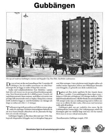 Text och bild på häst med vagn intill ett höghus.