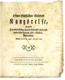 Öfwer-Ståthållare Embetets Kungörelse, angående den öfwerflödiga snöns skottande och bortförande från gatorne här i staden, wintertiden. Gifwen Stockholm then 7 januarii 1783.