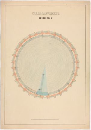 Planritningen utförd i tusch och färglagd i akvarell. Pappret har gulnat av ålder.