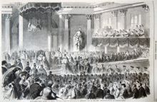 Konungens sista afsked af Rikets ständer i plenum plenorium på Rikssalen den 22 juni 1866. Litografisk bild Ny Illustrerad Tidning, nr 27 den 7 juli 1866