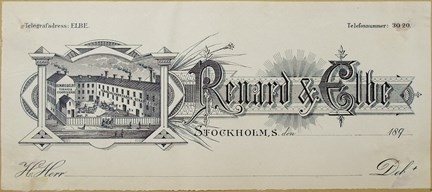 Svartvitt fakturahuvud med med bild på tobaksfabrik samt text.